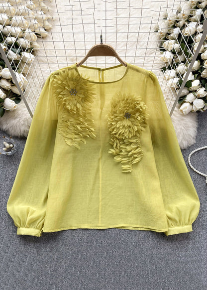Floral Yellow O Neck Solid Chiffon Shirts Long Sleeve TR045 ZS-LTP240730