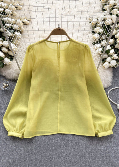 Floral Yellow O Neck Solid Chiffon Shirts Long Sleeve TR045 ZS-LTP240730