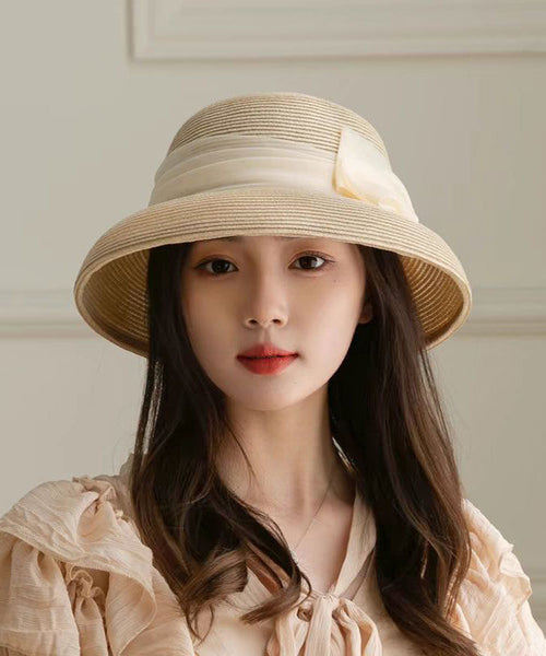 Hat Woven Bucket Apricot Straw Bow French FashionChic