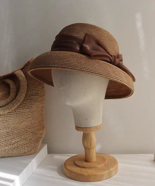 Hat Woven Bucket Apricot Straw Bow French FashionChic