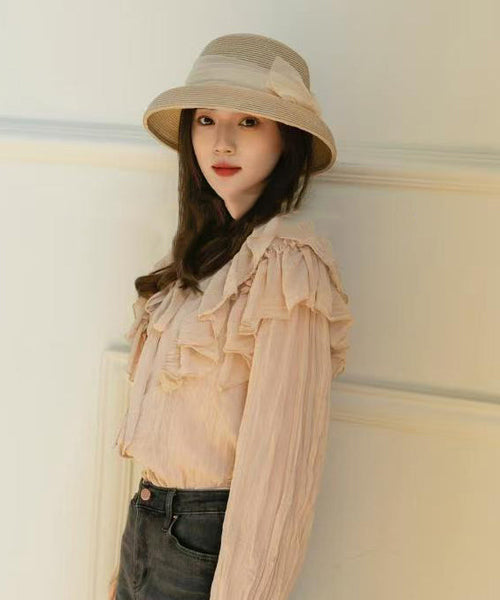 Hat Woven Bucket Apricot Straw Bow French FashionChic