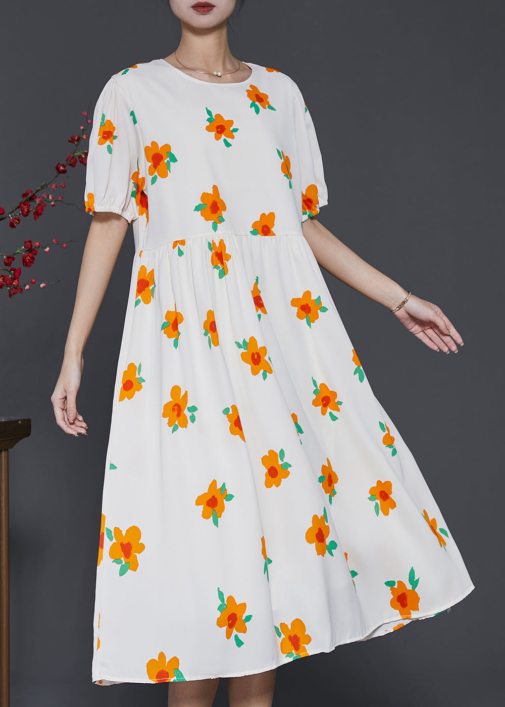 French Apricot Floral Print Cotton Holiday Dress Summer SD1010 Ada Fashion