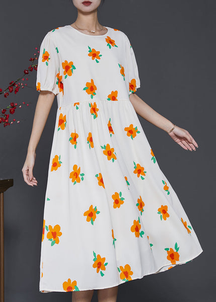 French Apricot Floral Print Cotton Holiday Dress Summer SD1010 Ada Fashion