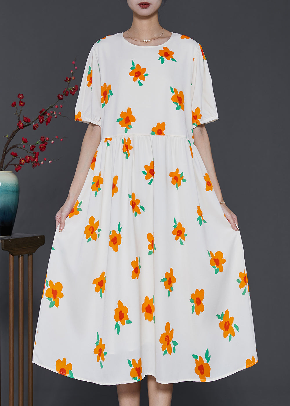 French Apricot Floral Print Cotton Holiday Dress Summer SD1010 Ada Fashion