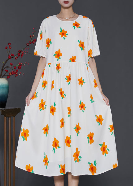 French Apricot Floral Print Cotton Holiday Dress Summer SD1010 Ada Fashion