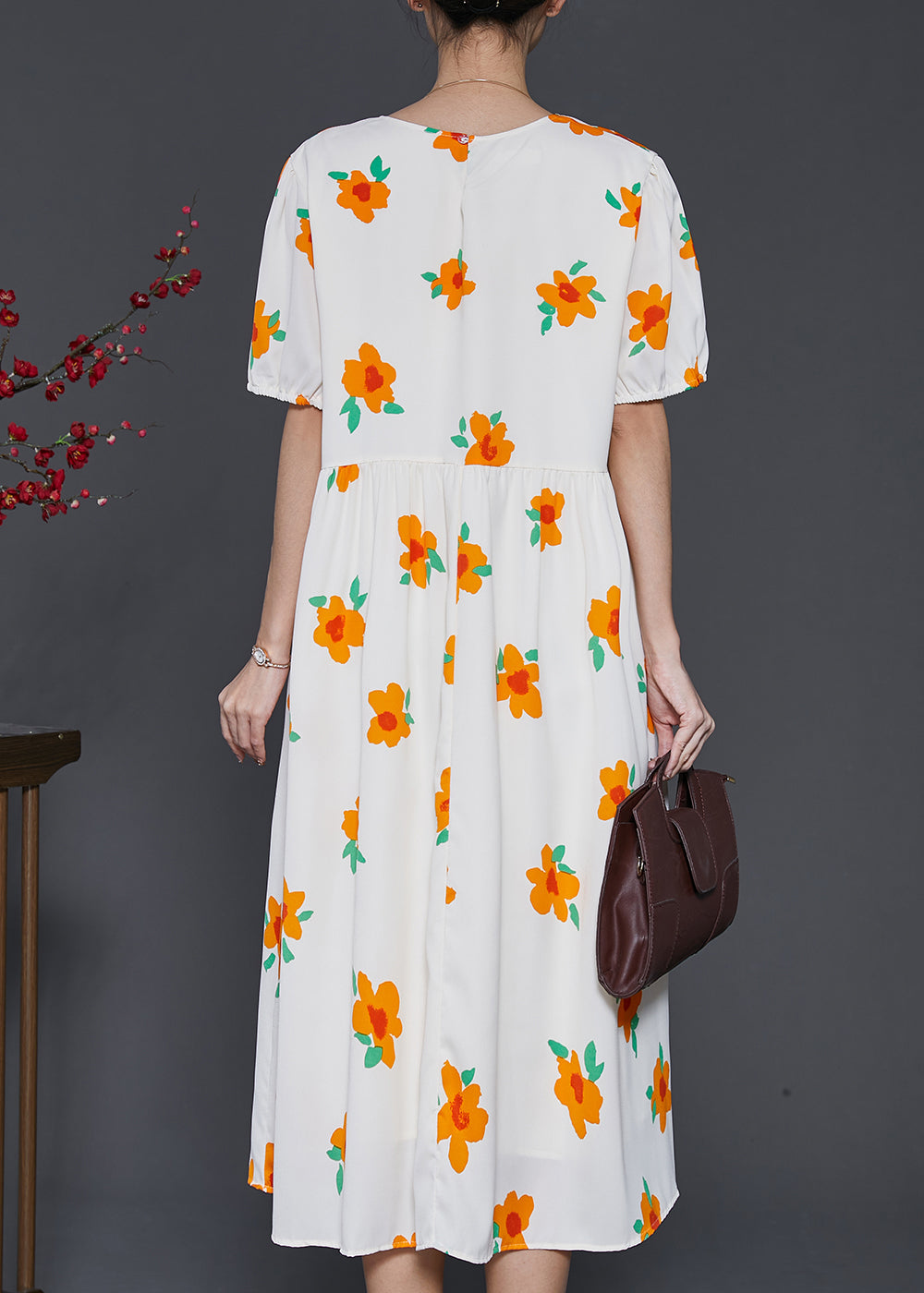 French Apricot Floral Print Cotton Holiday Dress Summer SD1010 Ada Fashion
