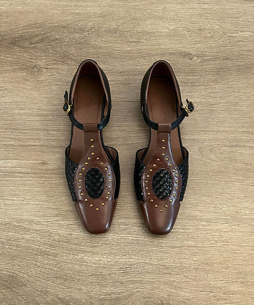 Head Out Square Sandals Hollow Woven Apricot French Rivet FashionChic