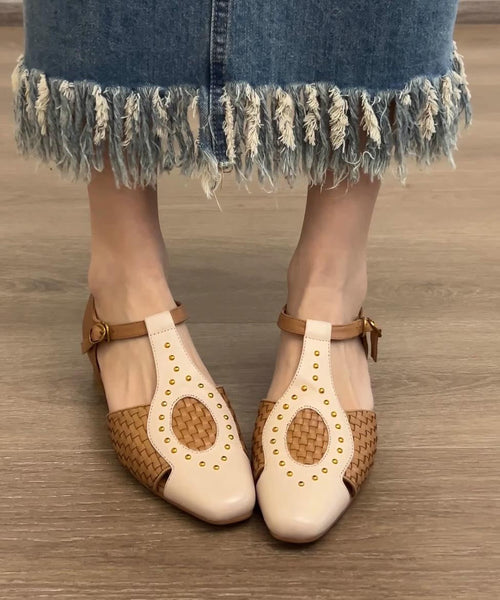 Head Out Square Sandals Hollow Woven Apricot French Rivet FashionChic