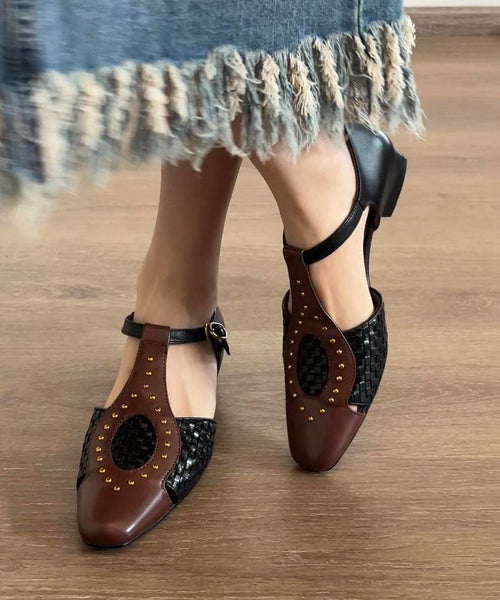 Head Out Square Sandals Hollow Woven Apricot French Rivet FashionChic