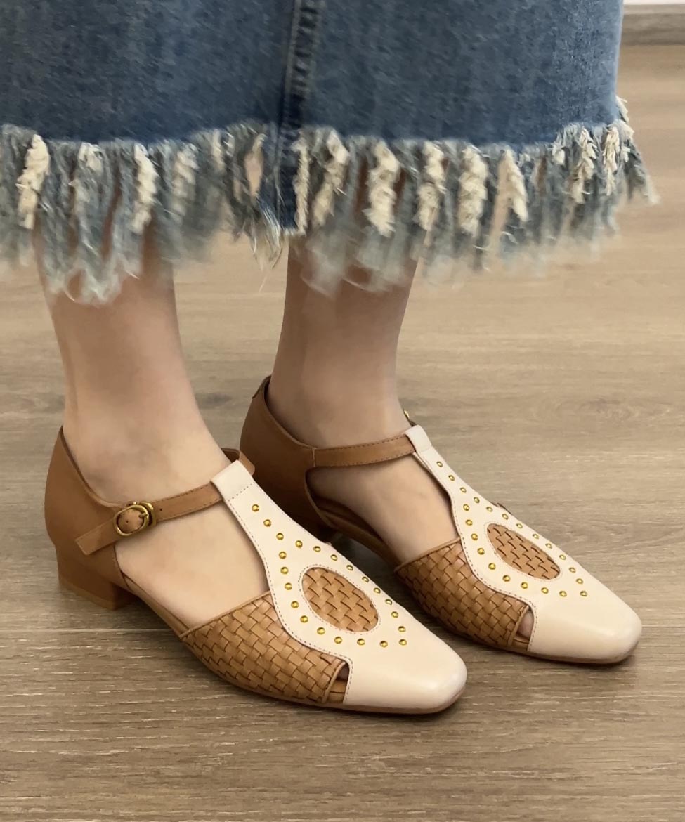 Head Out Square Sandals Hollow Woven Apricot French Rivet FashionChic