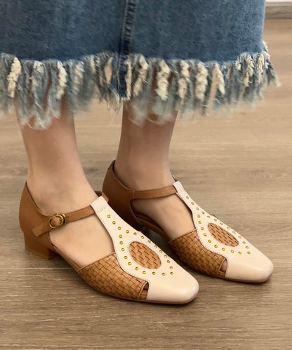 Head Out Square Sandals Hollow Woven Apricot French Rivet FashionChic