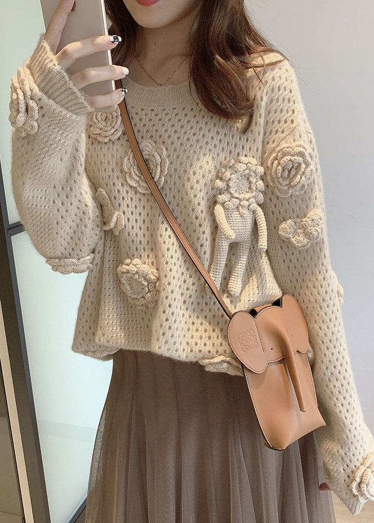 French Apricot O Neck Hollow Out Floral Knit Sweaters Fall WE008 HS-NTP241028