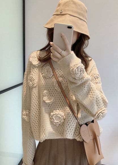 French Apricot O Neck Hollow Out Floral Knit Sweaters Fall WE008 HS-NTP241028