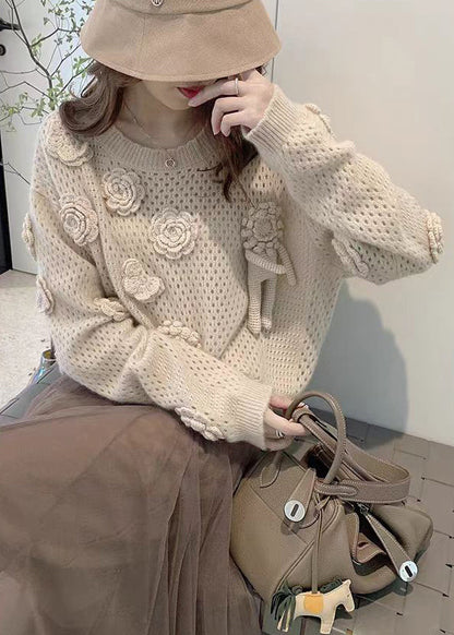 French Apricot O Neck Hollow Out Floral Knit Sweaters Fall WE008 HS-NTP241028