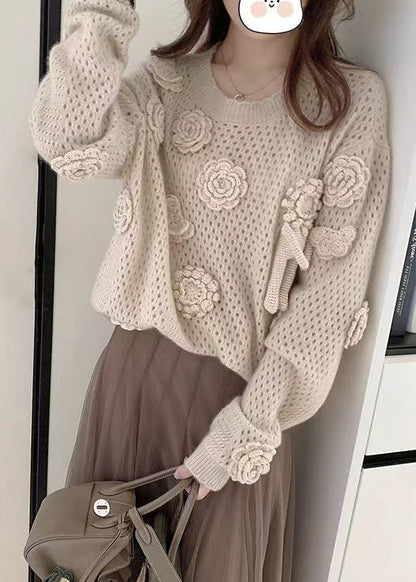 French Apricot O Neck Hollow Out Floral Knit Sweaters Fall WE008 HS-NTP241028