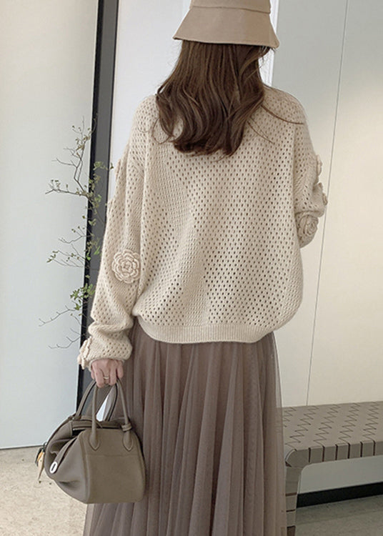 French Apricot O Neck Hollow Out Floral Knit Sweaters Fall WE008 HS-NTP241028
