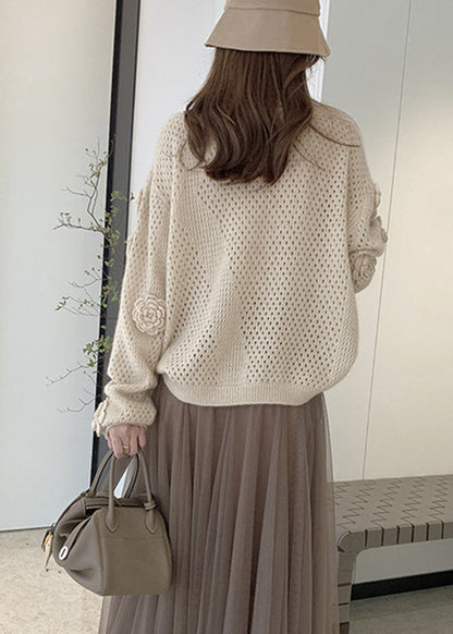 French Apricot O Neck Hollow Out Floral Knit Sweaters Fall WE008 HS-NTP241028