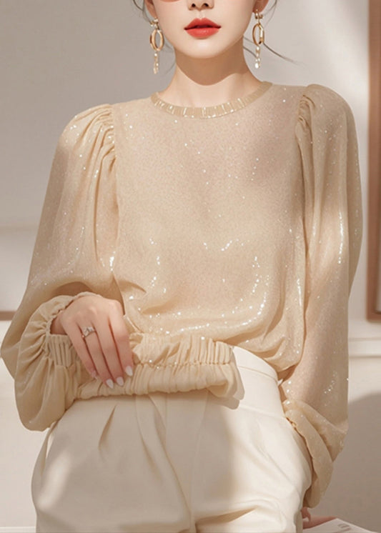 Sequins French Shirt O Neck Spring Tops Apricot FashionChic