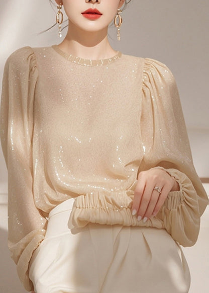 Sequins French Shirt O Neck Spring Tops Apricot FashionChic