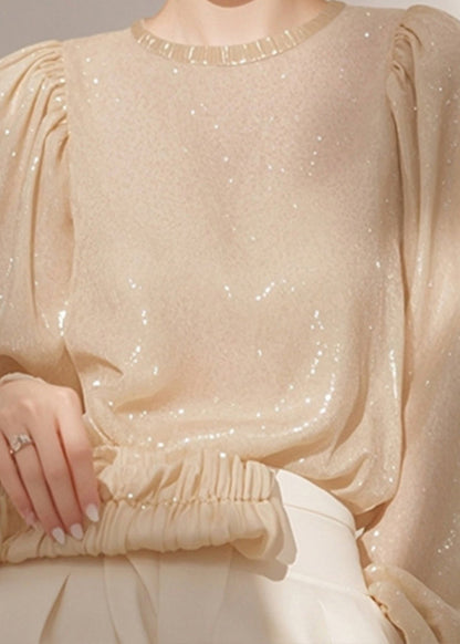 Sequins French Shirt O Neck Spring Tops Apricot FashionChic
