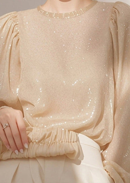 Sequins French Shirt O Neck Spring Tops Apricot FashionChic
