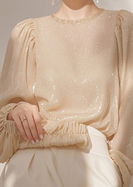 Sequins French Shirt O Neck Spring Tops Apricot FashionChic