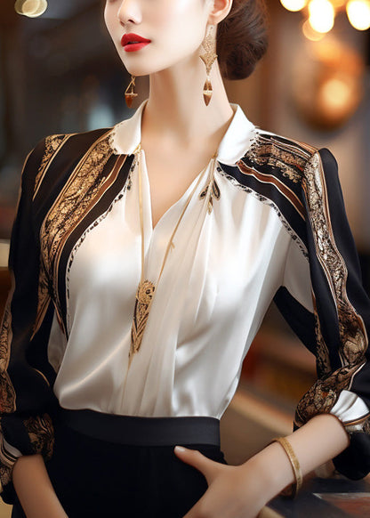 French Apricot Peter Pan Collar Print Patchwork Chiffon Shirts Spring TE040 ABC