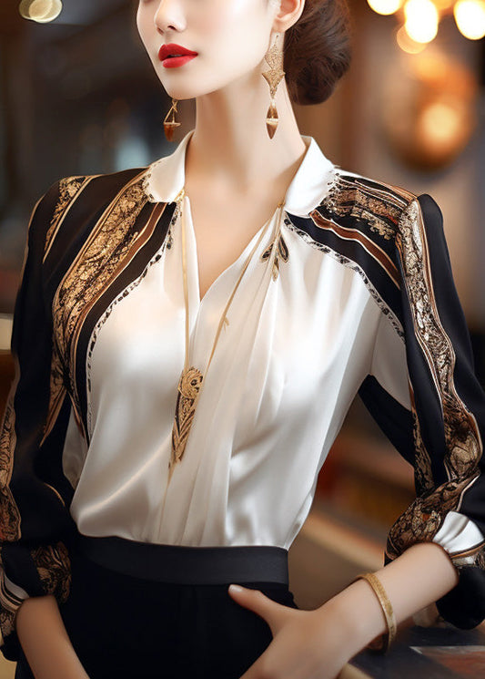 French Apricot Peter Pan Collar Print Patchwork Chiffon Shirts Spring TE040 ABC