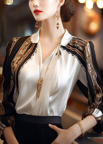 French Apricot Peter Pan Collar Print Patchwork Chiffon Shirts Spring TE040 ABC