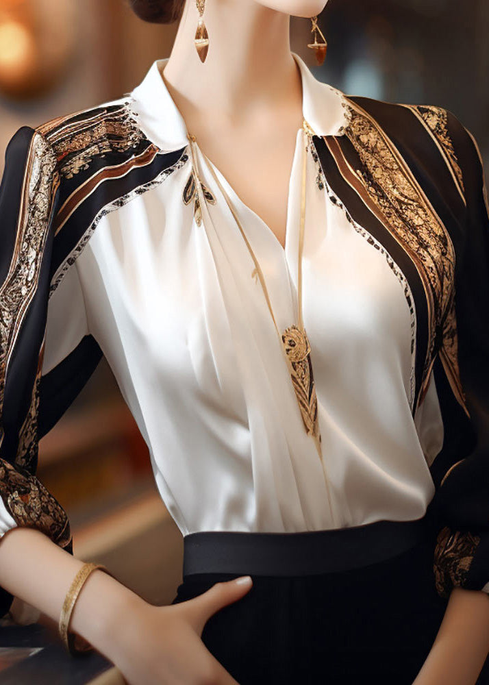 French Apricot Peter Pan Collar Print Patchwork Chiffon Shirts Spring TE040 ABC