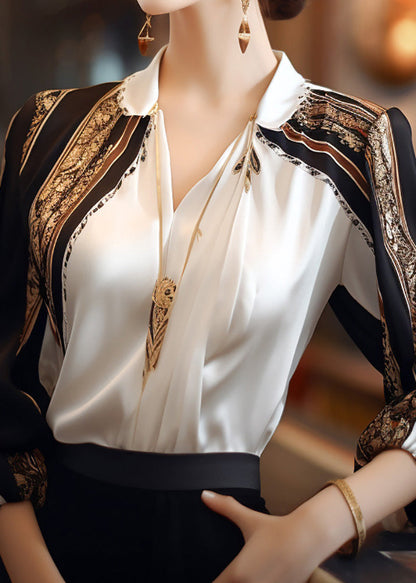 French Apricot Peter Pan Collar Print Patchwork Chiffon Shirts Spring TE040 ABC