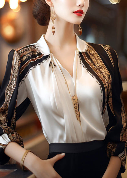 French Apricot Peter Pan Collar Print Patchwork Chiffon Shirts Spring TE040 ABC