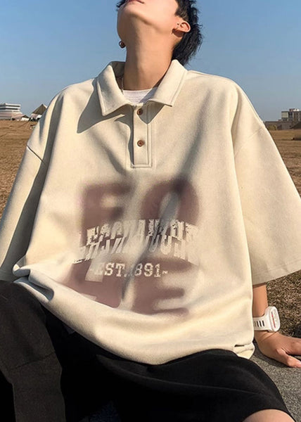 Polo Men Half Apricot Print French Cotton Sleeve Shirts Oversized FashionChic