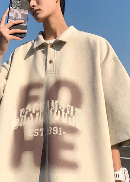 Polo Men Half Apricot Print French Cotton Sleeve Shirts Oversized FashionChic