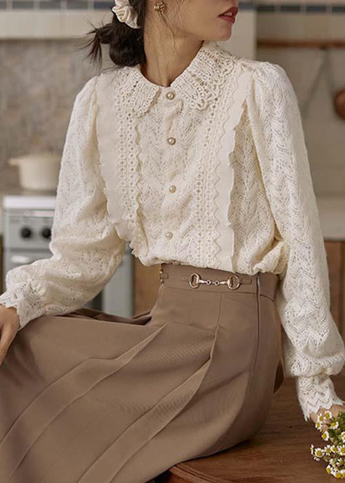 French Apricot Ruffled Button Patchwork Lace Shirt Long Sleeve TU008