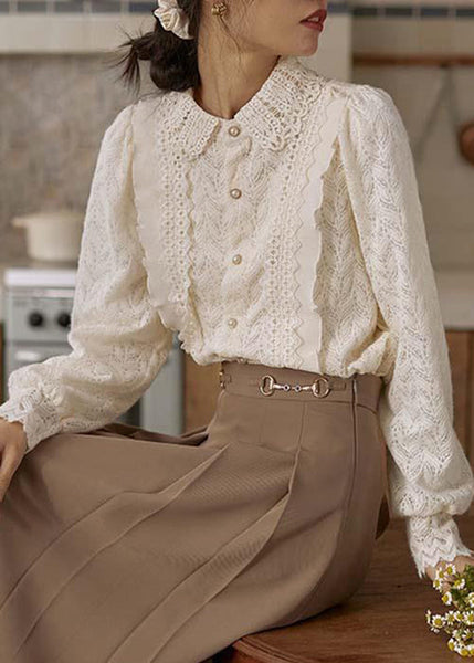 French Apricot Ruffled Button Patchwork Lace Shirt Long Sleeve TU008