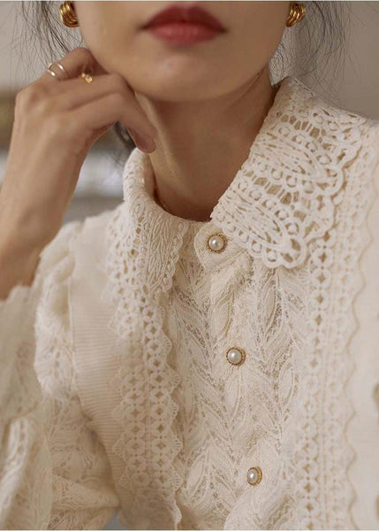 French Apricot Ruffled Button Patchwork Lace Shirt Long Sleeve TU008
