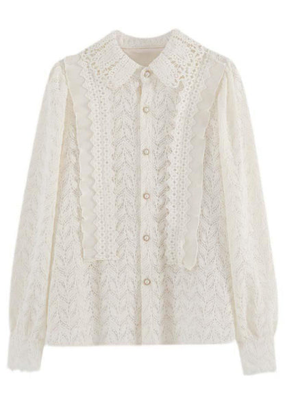 French Apricot Ruffled Button Patchwork Lace Shirt Long Sleeve TU008