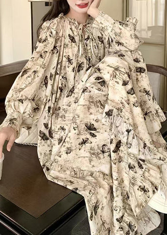 French Apricot Ruffled Lace Up Print Cotton Dress Spring YZ026 ABC