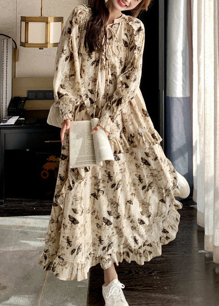 French Apricot Ruffled Lace Up Print Cotton Dress Spring YZ026 ABC