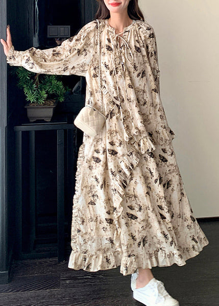 French Apricot Ruffled Lace Up Print Cotton Dress Spring YZ026 ABC