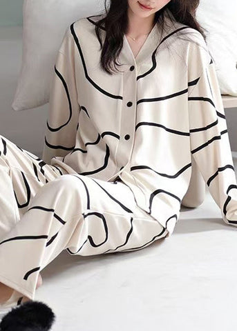 Piece Striped Two Apricot Button Set Pajamas Fall French Cotton FashionChic