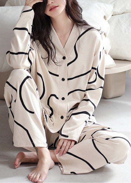 Piece Striped Two Apricot Button Set Pajamas Fall French Cotton FashionChic