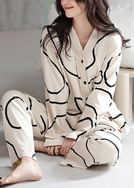 Piece Striped Two Apricot Button Set Pajamas Fall French Cotton FashionChic