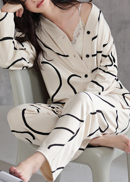 Piece Striped Two Apricot Button Set Pajamas Fall French Cotton FashionChic