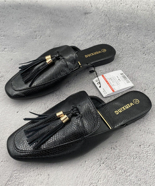 Faux Sandals Apricot French Leather Tassel Slide FashionChic