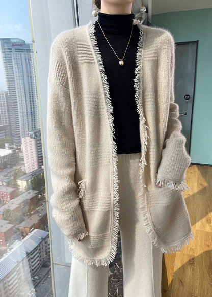 French Apricot Tasseled Pockets Wool Loose Cardigans Fall WO019 HS-NCT241109