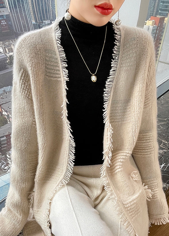 French Apricot Tasseled Pockets Wool Loose Cardigans Fall WO019 HS-NCT241109