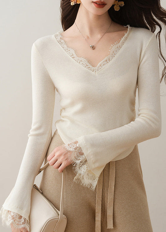 French Apricot V Neck Lace Patchwork Knit Top Flare Sleeve TH030