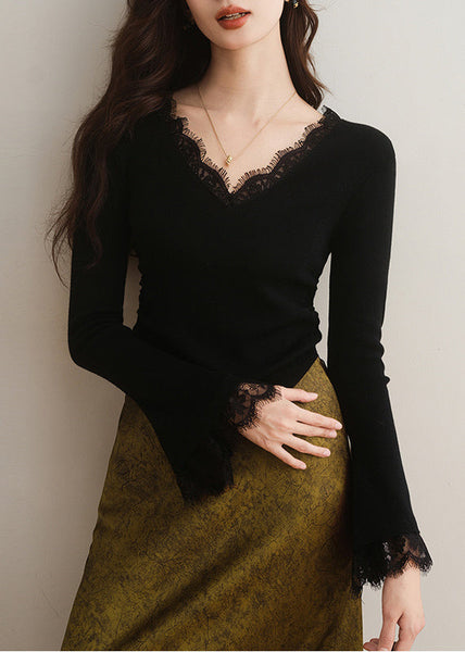 Top en maille patchwork dentelle abricot français à col en V et manches évasées TH030